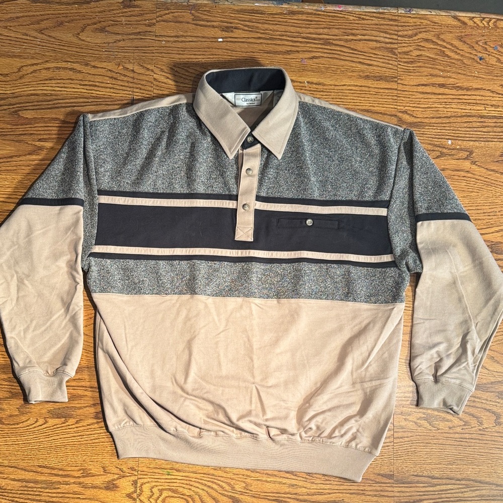 Classics by Palmland Men's Black & Tan Long Sleeve Horizontal Stripe Polo Shirt